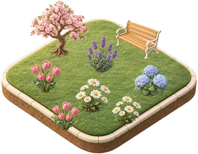 見本：花と木が育ったお花畑